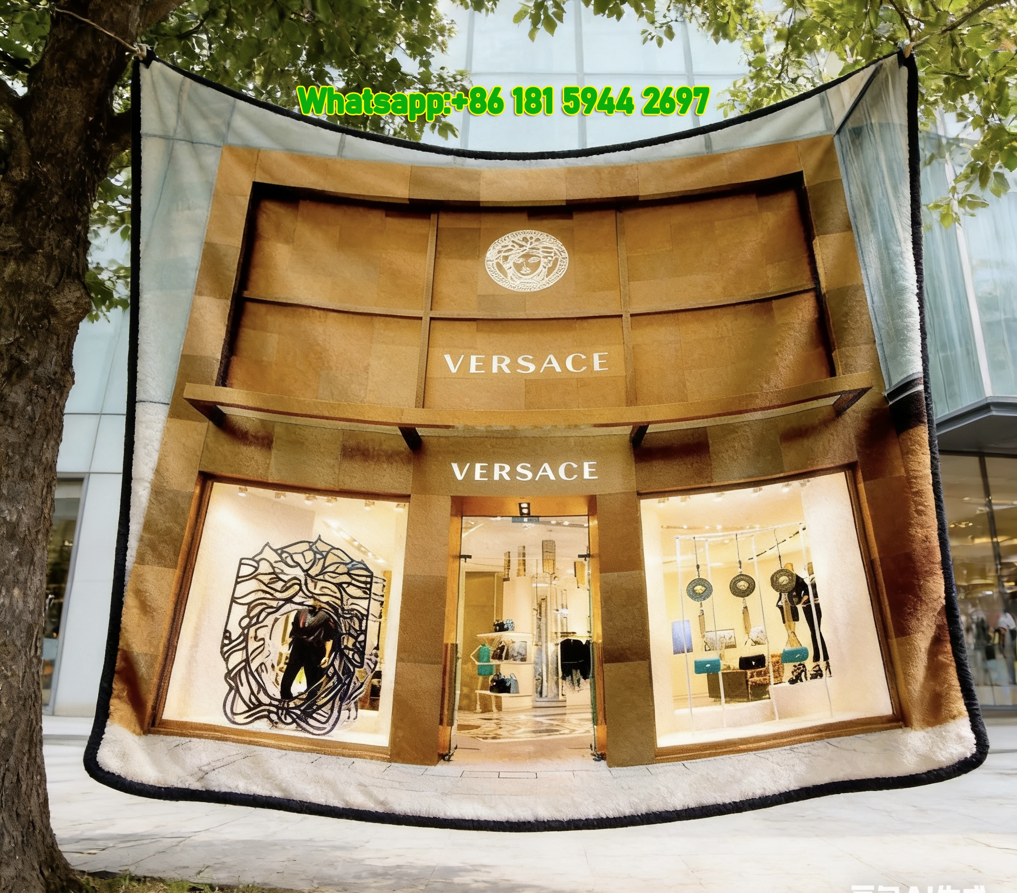 Versace Storefront Facade with Medusa Logo Print Flannel Throw Blanket in Warm Gold and White IMG_1591